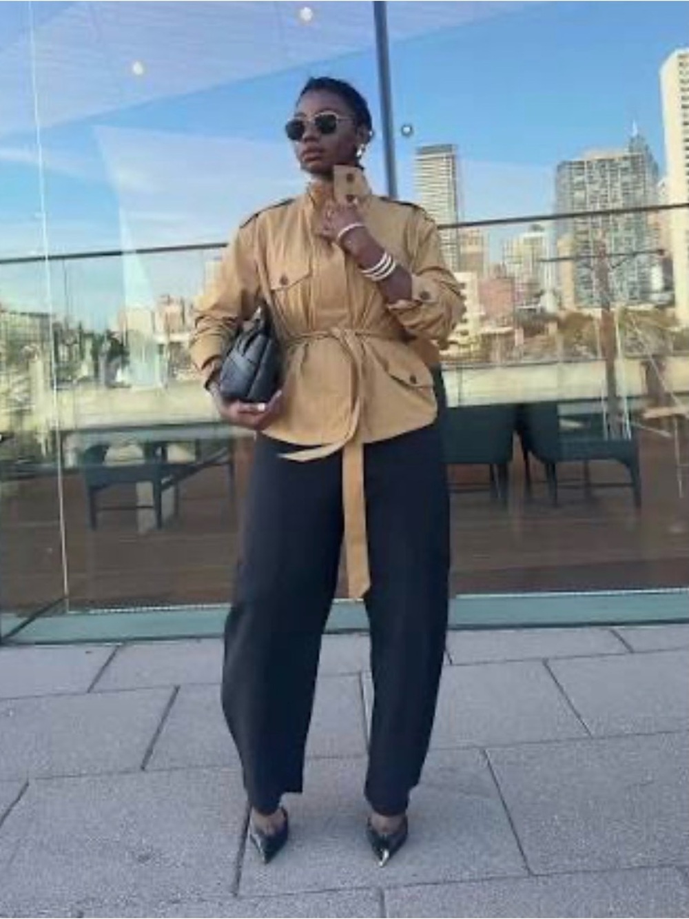Zara Tan Utility Jacket with Black Wide-Leg Pants